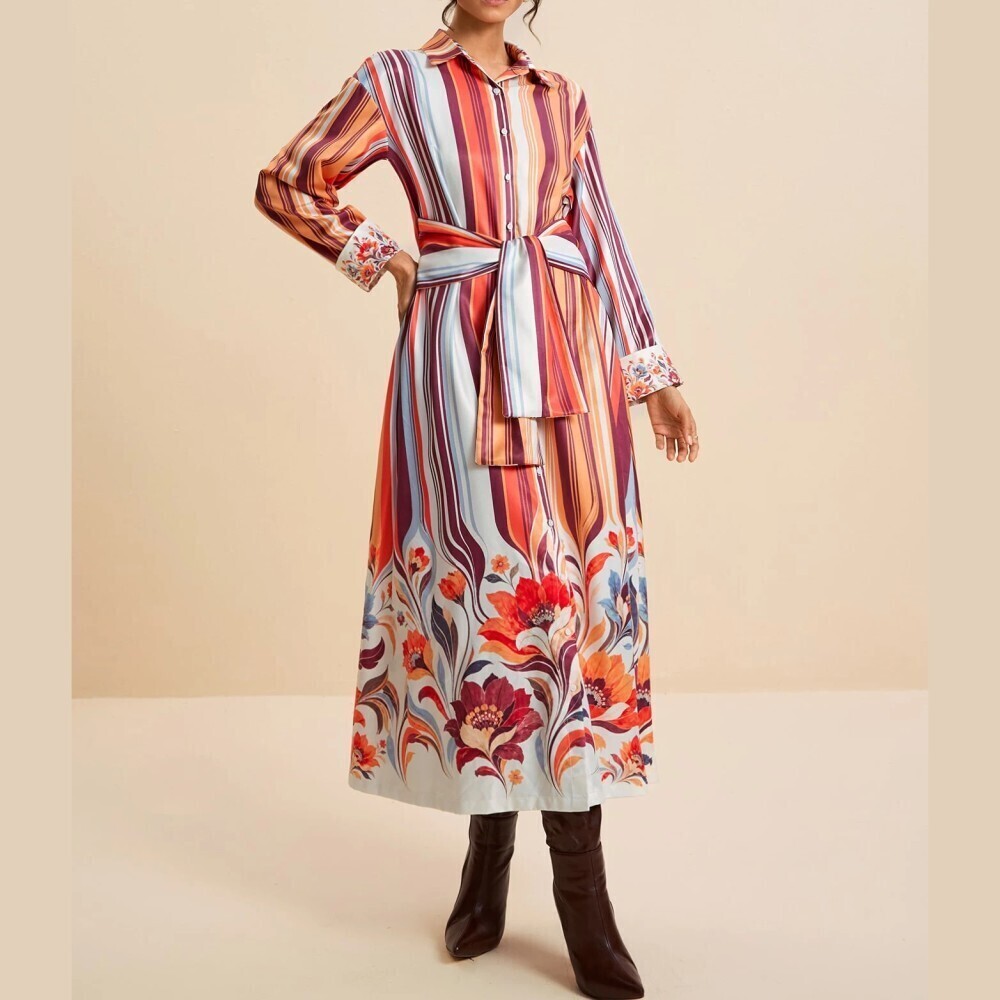 Orange Blue Striped Floral Print Belted Collar Long Sleeve Maxi Shirt Dress